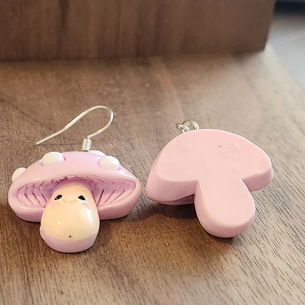 Handcrafted‎ Lavender Mushroom Dangle Drop Earrings NEW Playful Ladies/Girls